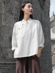 Vintage Ramie Cotton Stand Collar Loose Long Sleeve Shirt