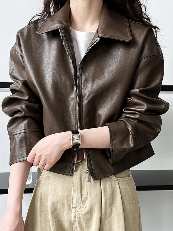 Solid Color Zipper Long Sleeves Loose Lapel Collar Outerwear Jackets&Coats
