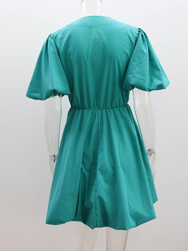 Solid Color Loose Puff Sleeves V-Neck Mini Dresses