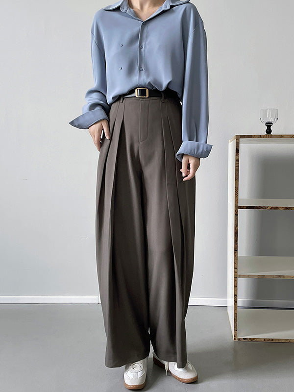 Casual Loose Wide Leg Pleated Solid Color Pants