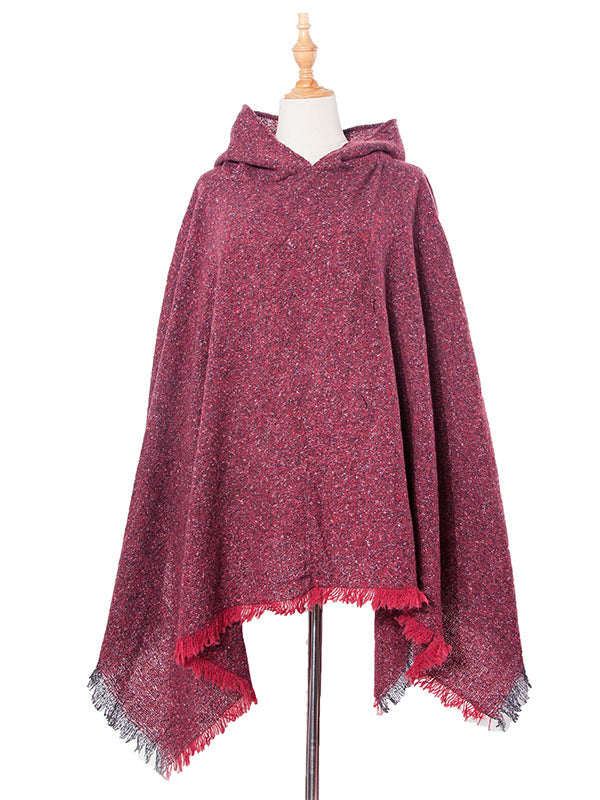 Fringed Hooded Keep Warm Solid Color Shawl&Cloak Cape