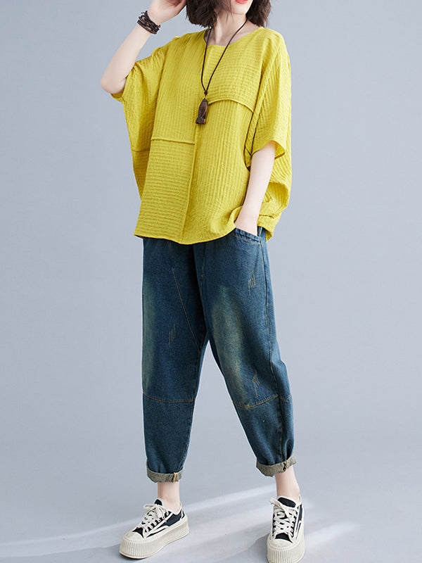 Solid Color Split-Joint Batwing Sleeves Loose Round-neck T-Shirts Tops