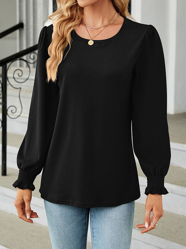 Elasticity Solid Color Long Sleeves Loose Round-Neck T-Shirts Tops