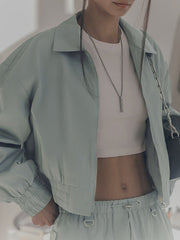 Elasticity Pleated Solid Color Split-Joint Zipper Long Sleeves Loose Lapel Outerwear Jackets