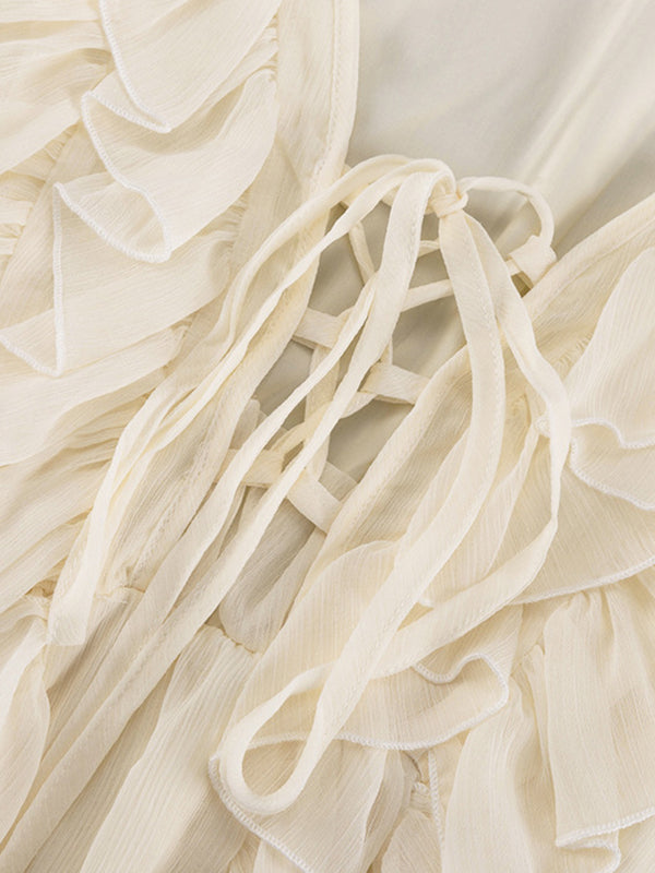 Ruffle Trim Solid Color Tied A-Line High Waisted V-Neck Mini Dresses