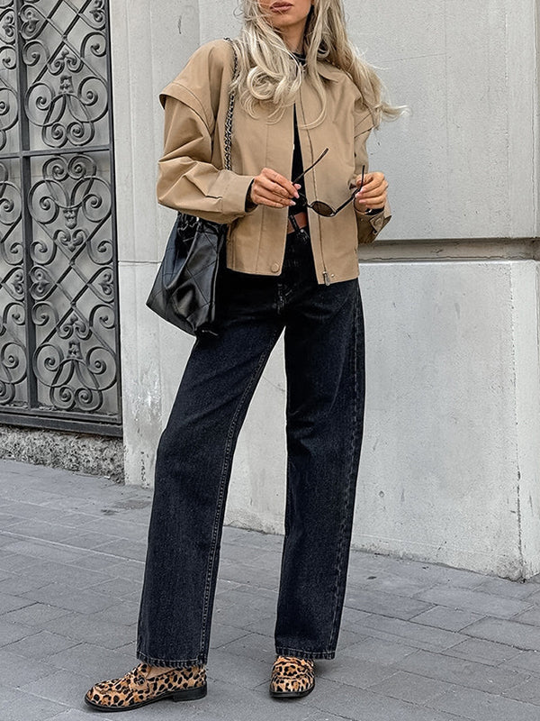 Buttoned Elasticity Solid Color Zipper Long Sleeves Loose Lapel Outerwear Jackets
