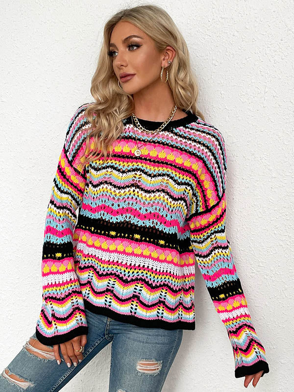 4 Colors Loose Contrast Color Round-Neck Sweater Top
