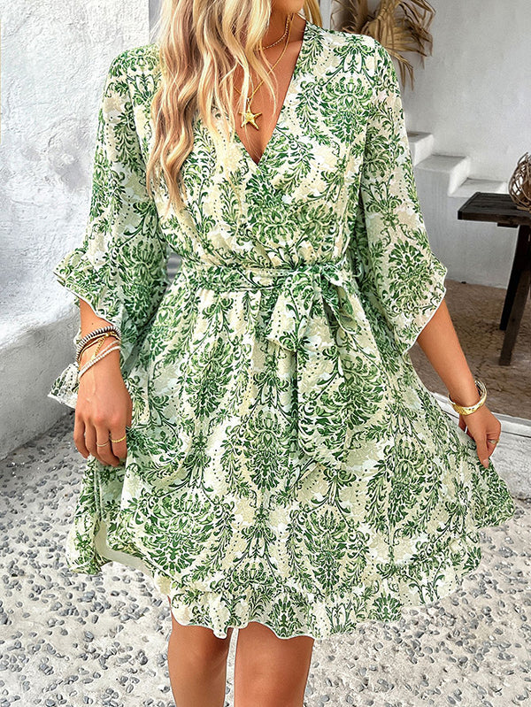 Flower Print Ruffle Trim Split-Joint Tied Waist Flared Sleeves Half Sleeves V-Neck Mini Dresses