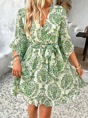 Flower Print Ruffle Trim Split-Joint Tied Waist Flared Sleeves Half Sleeves V-Neck Mini Dresses