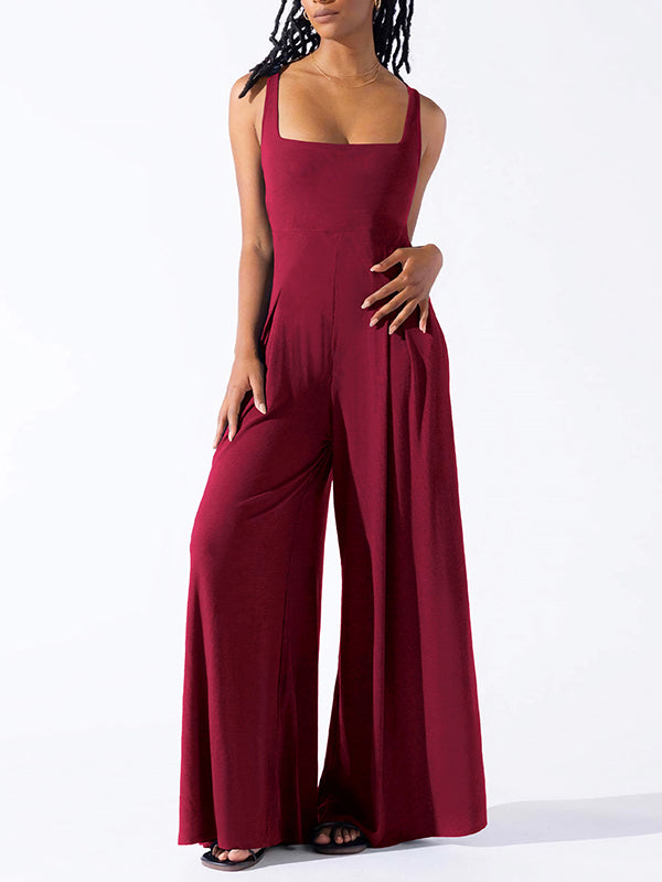 Pleated Solid Color Loose Sleeveless Spaghetti-Neck Jumpsuits