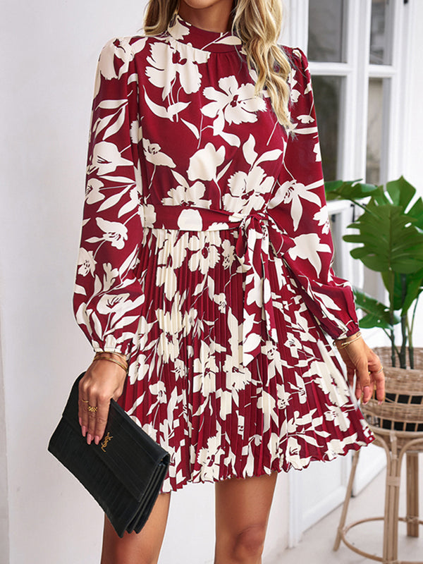 Flower Print Pleated Tied Waist High Waisted Long Sleeves Mock Neck Mini Dresses