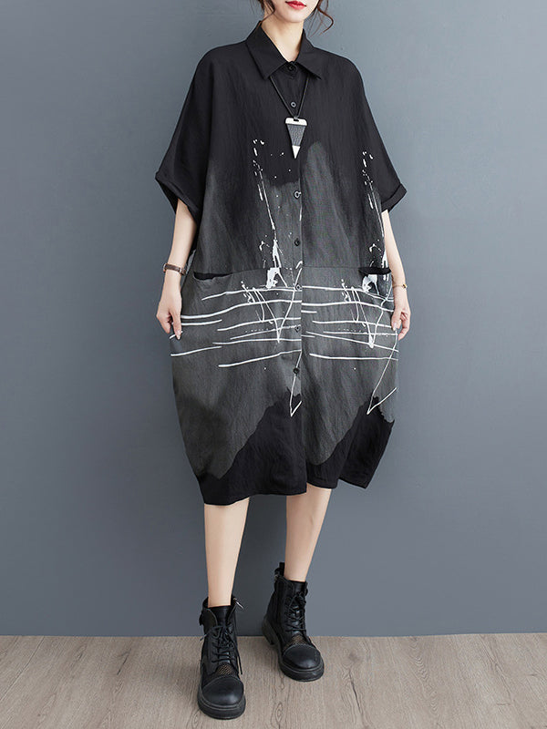 Printed Half Sleeves Loose Lapel Midi Dresses