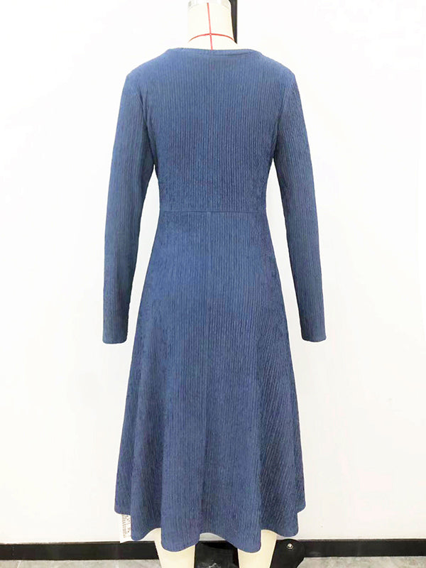 Pleated Solid Color Split-Joint Long Sleeves Loose V-Neck Midi Dresses