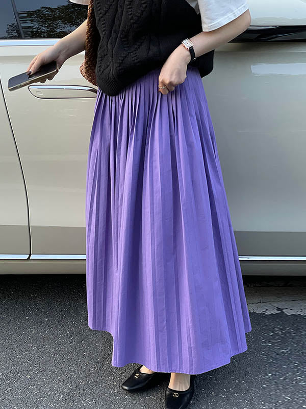 Elasticity Pleated Solid Color A-Line High Waisted Skirts