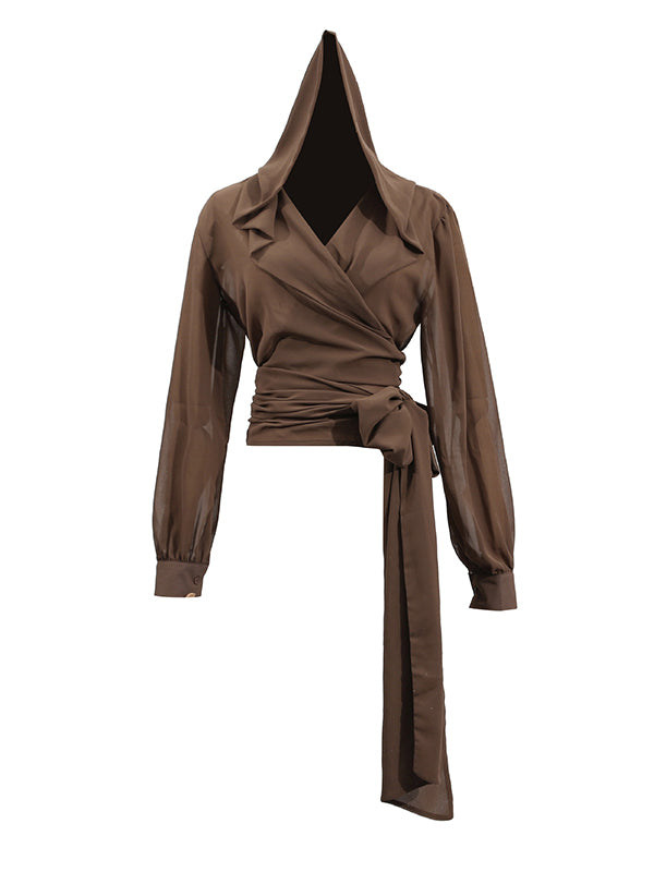 Pleated See-Through Solid Color Tied Waist Long Sleeves Loose Hooded Blouses&Shirts Tops