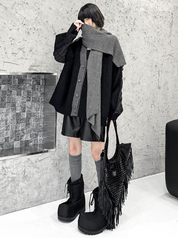 Buttoned Contrast Color Reversible Split-Joint Long Sleeves Loose Collarless Outerwear Cardigan Tops