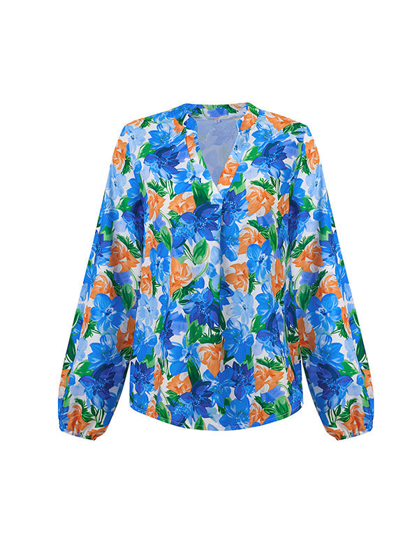 Elasticity Flower Print Long Sleeves Loose V-Neck Blouses&Shirts Tops