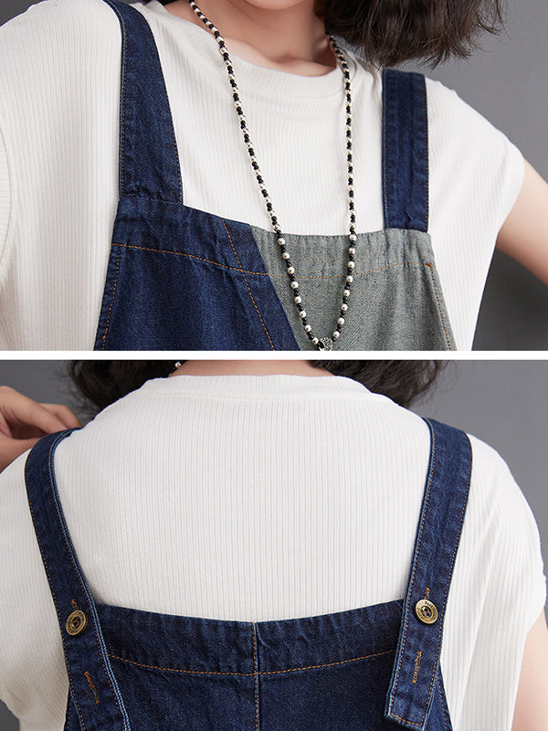 Casual Denim Contrast Color Split-Joint Overalls
