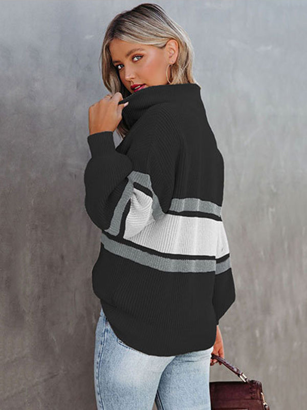 Stylish Loose Solid Color& Contrast Color Striped Lapel Collar Sweater Tops