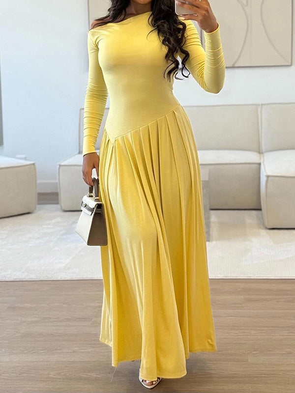 Asymmetric Pleated Solid Color Split-Joint A-Line Bodycon One-Shoulder Maxi Dresses