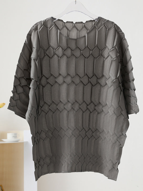 Original Loose Half Sleeves Pleated Solid Color Round-Neck T-Shirts Tops