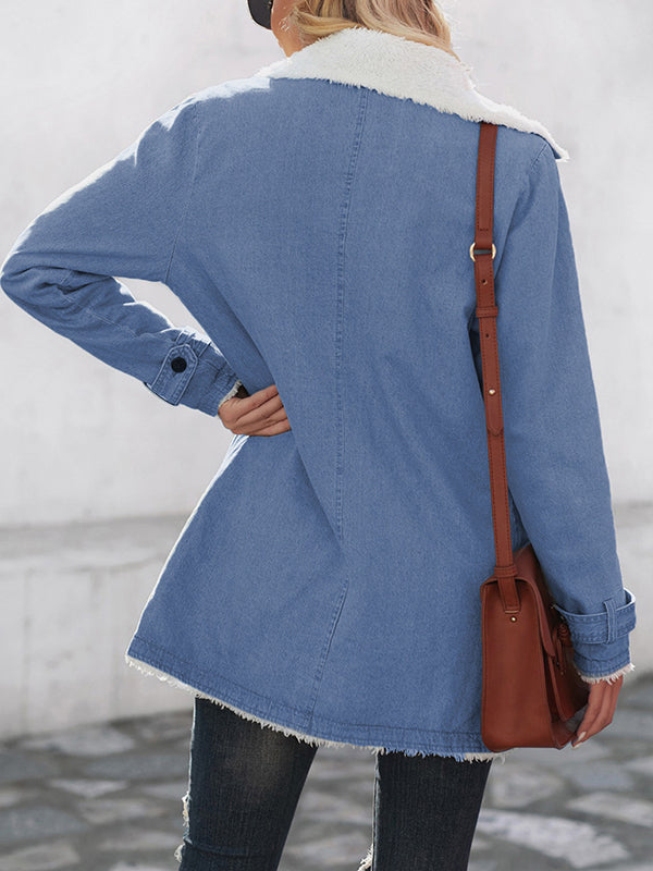 Buttoned Pockets Velvet Long Sleeves Loose Notched Collar Outerwear