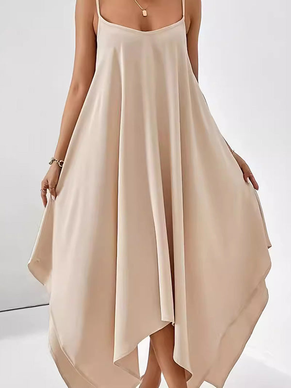 Asymmetric Solid Color Loose Sleeveless Spaghetti-Neck Maxi Dresses