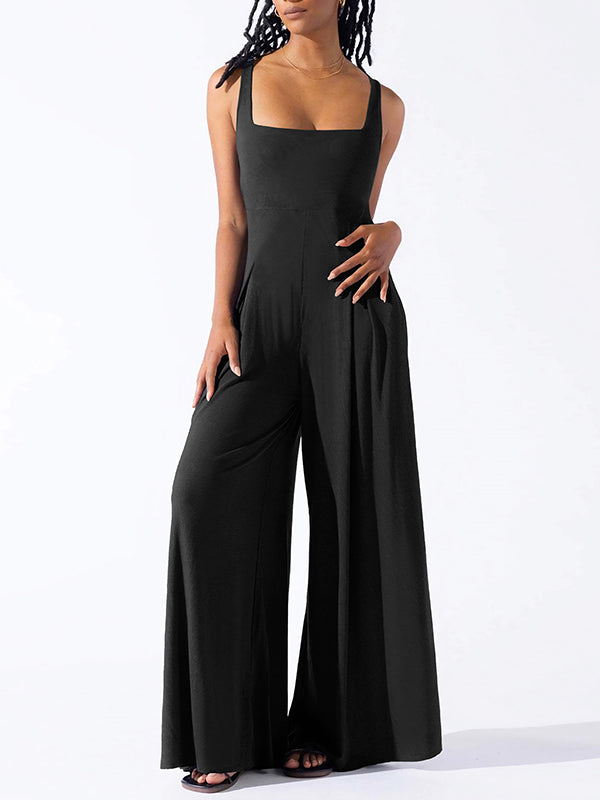 Pleated Solid Color Loose Sleeveless Spaghetti-Neck Jumpsuits