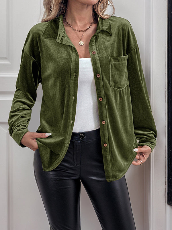 Buttoned Pockets Solid Color Split-Joint Velvet Long Sleeves Loose Lapel Blouses&Shirts Tops
