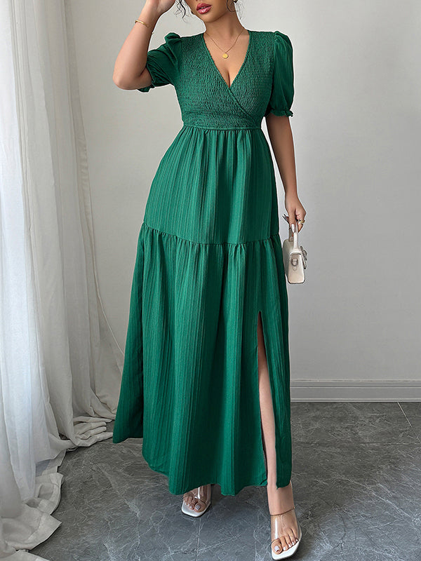 Pleated Solid Color Split-Front Half Sleeves High Waisted V-Neck Maxi Dresses
