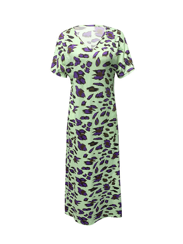 Printed Split-Side Loose Short Sleeves V-Neck Maxi Dresses