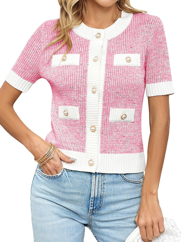 Buttoned Pockets Split-Joint Short Sleeves Round-neck Cardigan Tops
