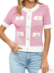 Buttoned Pockets Split-Joint Short Sleeves Round-neck Cardigan Tops