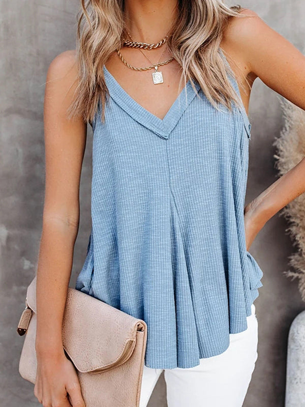 Pleated Solid Color Loose Sleeveless V-Neck Vest Top