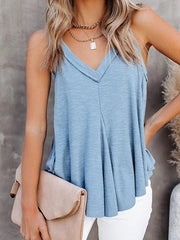 Pleated Solid Color Loose Sleeveless V-Neck Vest Top