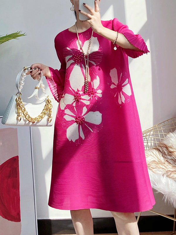 Floral Printed Flared Sleeves Loose Round-neck Midi Dresses