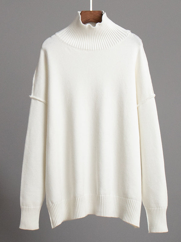 Solid Color Split-Joint Long Sleeves Loose High Neck Sweater Tops Pullovers