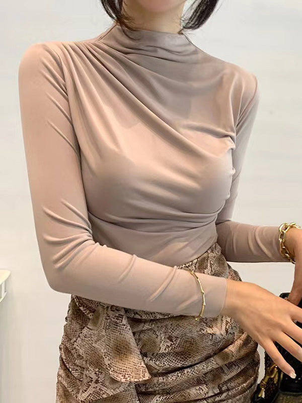Pleated Solid Color Long Sleeves Skinny Mock Neck T-Shirts Tops