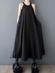 Drawstring Pleated Pockets Solid Color Zipper A-Line Loose Spaghetti-Neck Midi Dresses