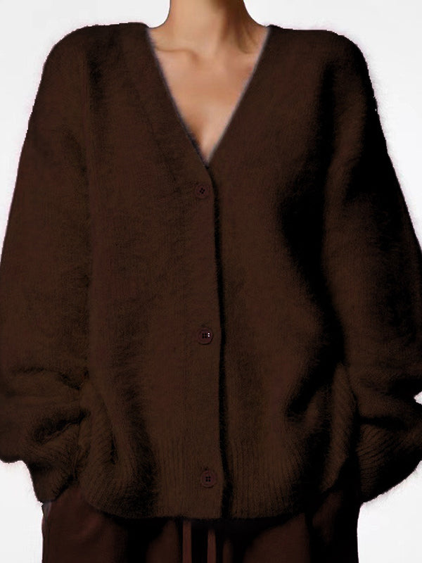 Buttoned Solid Color Long Sleeves Loose V-Neck Cardigan Tops