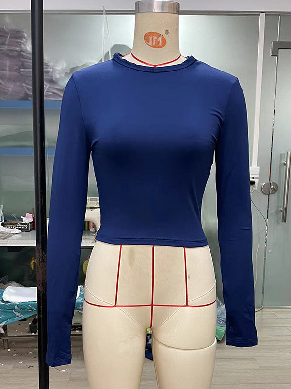 Hollow Solid Color Long Sleeves Skinny Round-Neck T-Shirts Tops
