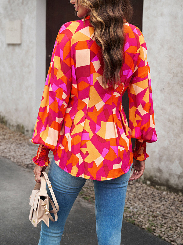 Buttoned Elasticity Pleated Printed Bishop Sleeve Long Sleeves Lapel Blouses&Shirts Tops