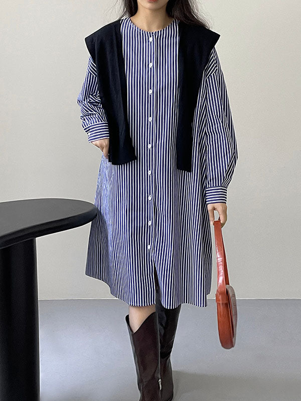 Striped Long Sleeves Loose Round-Neck Shirt Dress Midi Dresses