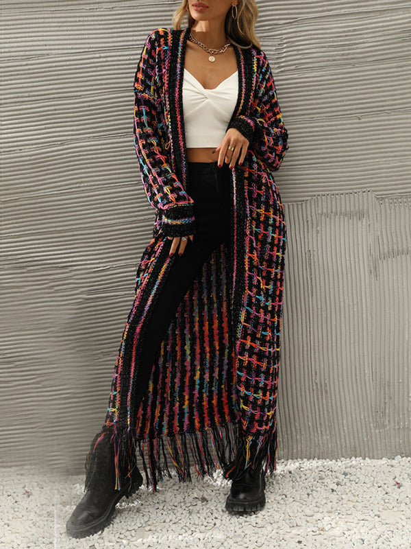 Plaid Tasseled Long Sleeves Loose Collarless Cardigan Tops