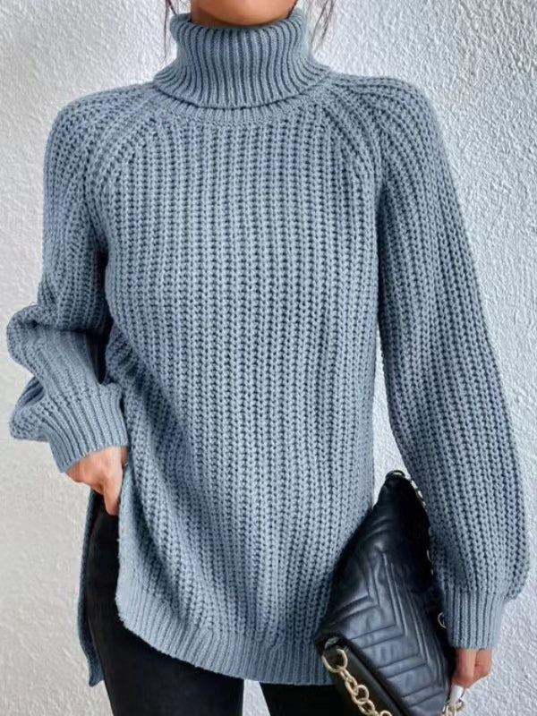 Solid Color Split-side Long Sleeves Loose High Neck Sweater Tops Pullovers