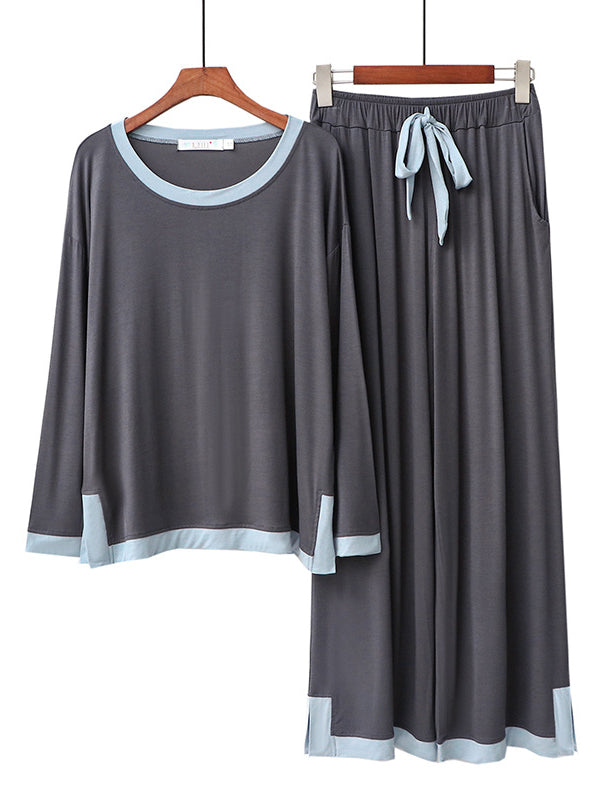 Contrast Color Long Sleeves Loose Round-neck Two Pieces Pajama Set