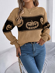 Contrast Color Split-Joint Long Sleeves Loose Round-Neck Sweater Tops Pullovers
