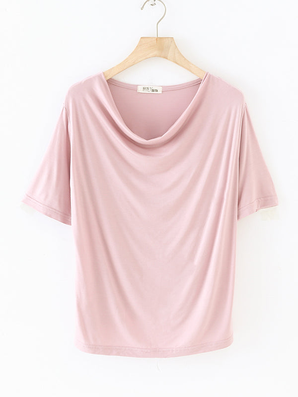Pleated Solid Color Short Sleeves Heaps Collar T-Shirts Tops