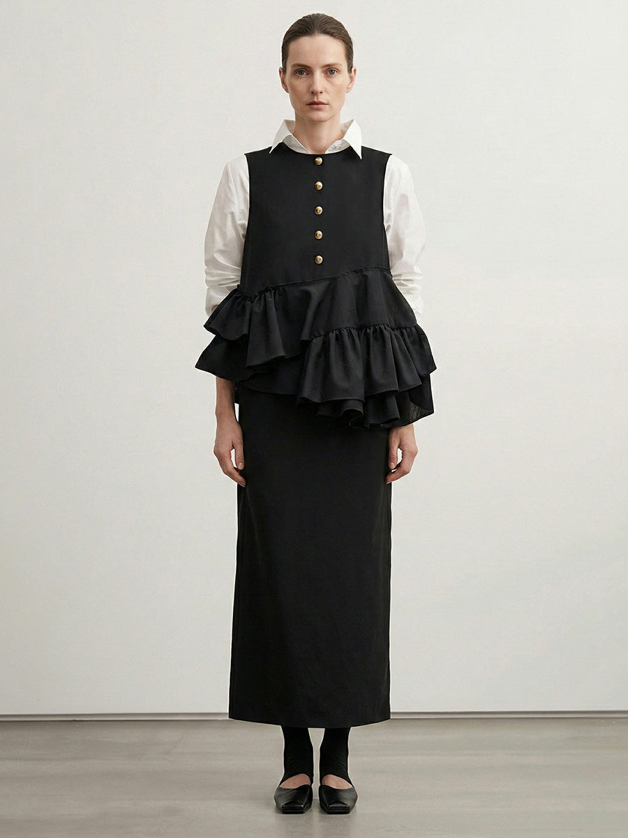 Asymmetric Buttoned Contrast Color Layered Ruffled Split-Joint Column Irregularity Lapel Shirt Dress Maxi Dresses