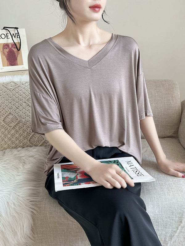 Solid Color Split-Joint Loose Short Sleeves V-neck T-Shirts Tops